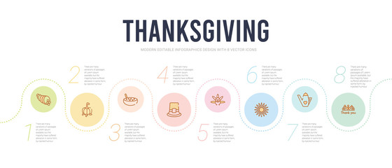thanksgiving concept infographic design template. included thank you, jug, chrysanthemum, turkey, pilgrim, porridge icons