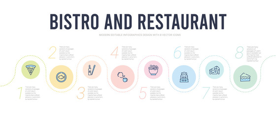 bistro and restaurant concept infographic design template. included cake piece with cream, piece of cheese, three levels cake, appetizers bowl, pouring coffe, chopsticks icons
