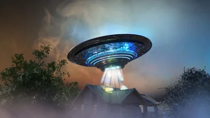 Zelfklevend Fotobehang ufo vliegende schotel boven het huis, 3D render © de Art