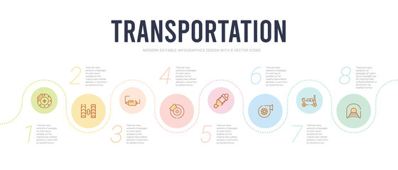transportation concept infographic design template. included tunnel, hydraulic jack, air filter, damper, brake disc, exhaust pipe icons