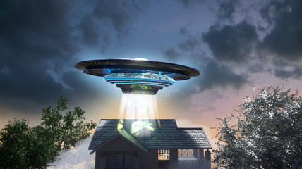 ufo vliegende schotel boven het huis, 3D render