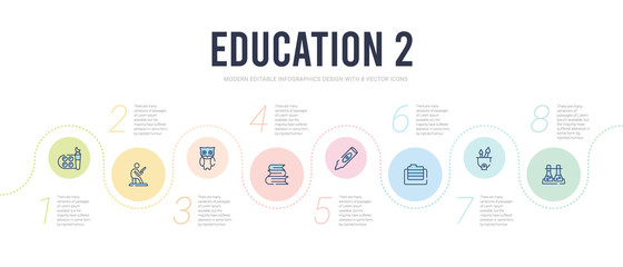 education 2 concept infographic design template. included test tubes, pencil case, folder, crayon, books, owl icons