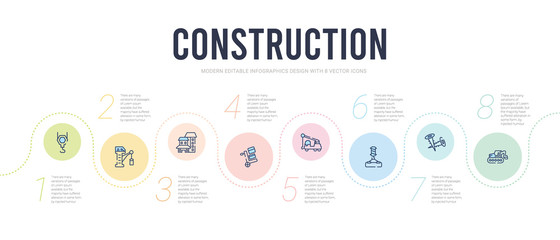 construction concept infographic design template. included derrick with tong, two screws, derrick with pallet, truck with crane, trolley cargo, big building icons