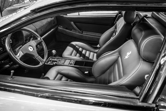 STUTTGART, GERMANY - MARCH 18, 2016: Cabin of sports car Ferrari F512 TR Testarossa, 1993. Black and white. Europe's greatest classic car exhibition "RETRO CLASSICS"