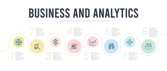 business and analytics concept infographic design template. included graph pie, hexagonal interconnections, hierarchy, increasing stocks, laptop profits graphics, laptop with analysis icons