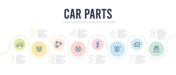 car parts concept infographic design template. included car distributor cap, car door, engine, exhaust, fan, fan belt icons