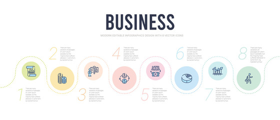 business concept infographic design template. included employee going to work, graphic arrow, pie chart statistics, money convert, currency exchange, graphic panel and man icons - obrazy, fototapety, plakaty