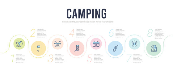 Fototapeta na wymiar camping concept infographic design template. included fishing vest, hunting trophy, hook, freezer, lodge, basket icons