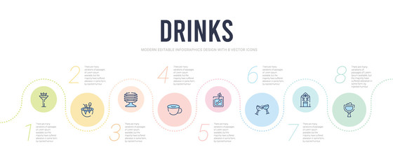 drinks concept infographic design template. included brandy glass, brewery, brindis with wine glasses, caipirinha, cappuccino, cask icons