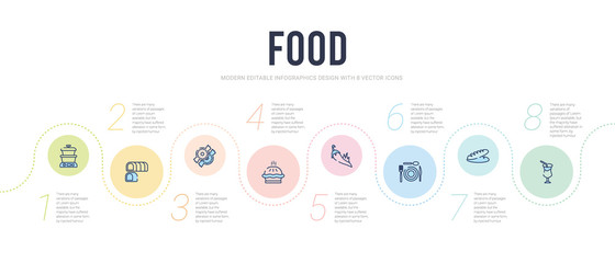 food concept infographic design template. included half filled cocktail glass, baguette, plate and utensils, spices, king cake, polvoron icons