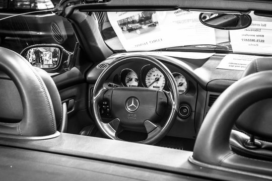 STUTTGART, GERMANY - MARCH 18, 2016: Cabin of Mercedes-Benz SLK 230 Kompressor (R170), 1999. Black and white. Europe's greatest classic car exhibition "RETRO CLASSICS"
