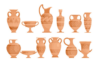 Greek vases flat vector illustrations set. Ceramic antique amphora with patterns collection. Ancient Greece potter with ornament isolated design elements pack.