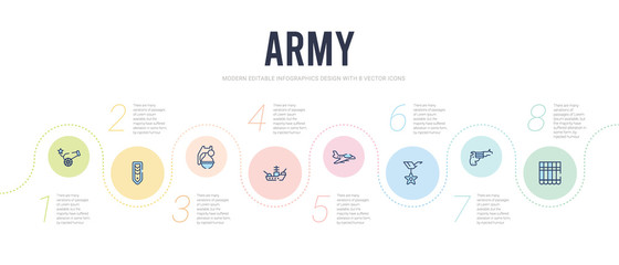 army concept infographic design template. included dynamite, gun, medal, plane, ship, granade icons