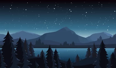 Fotobehang Night lake landscape flat vector illustration. Evening coniferous forest scenery with fir trees and hill peaks silhouettes on horizon. Mountain, river and starry sky scene cartoon background. © Natalia