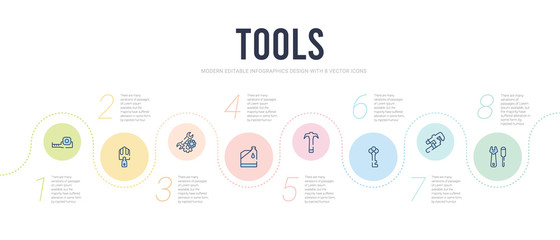 tools concept infographic design template. included repair screwdriver, stillson wrench, antique key, gardening digger, gallon oil, repair wrench icons