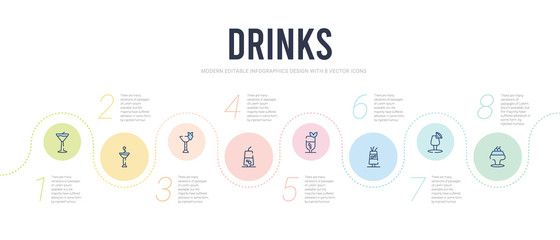 drinks concept infographic design template. included tom collins, pisco sour, planter's punch, mint julep, ramos gin fizz, daiquiri icons