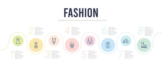 Fototapeta na wymiar fashion concept infographic design template. included roller skater, shade, bandages, fashion bag, woman bag, suspenders icons