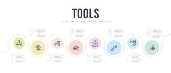 tools concept infographic design template. included hammer and nail, hand drill, carpenter saw, brick, dumper, road roller icons