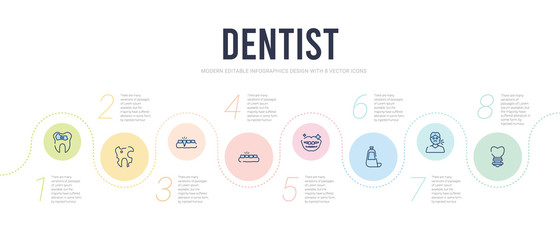 Fototapeta na wymiar dentist concept infographic design template. included tooth with metallic root, toothache, toothpaste tube, white teeth, wisdom tooth, apicoectomy icons