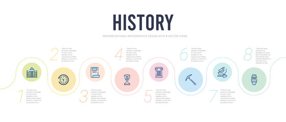 history concept infographic design template. included vase, archaeological, pick, column, bowl, paper icons