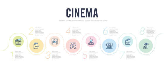 cinema concept infographic design template. included cameraman, cartoon network, cinema audience, cinema celebrity, curtain, curtains icons