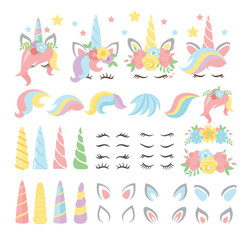 Fototapeta na wymiar Unicorn elements flat vector illustrations set. Girly, childish stickers isolated pack. Magical horse with horn and stripy multicolor hair constructor kit. Eyelashes, ears, flowers, stars.