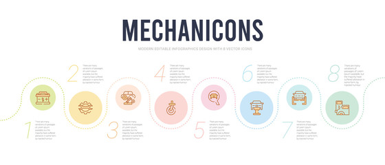 mechanicons concept infographic design template. included car in a gas station, repairing car, changing car tire, front in magnifier glass, cart wheel, tire change icons