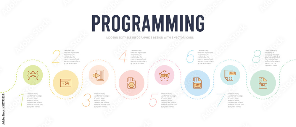Poster programming concept infographic design template. included xml, php, jsx, api, js, login icons