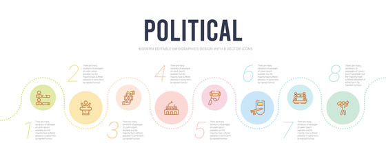 Fototapeta na wymiar political concept infographic design template. included protest, merging, nightstick, welder, american government building, bribe icons