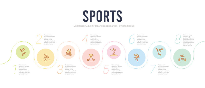 sports concept infographic design template. included man balancing, man lifting weight, marathon champion, number one athlete, podium with cup, man windsurfing icons