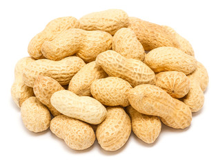 Handful of peanut (Arachis hypogaea) in the shell, close up, isolated on white background