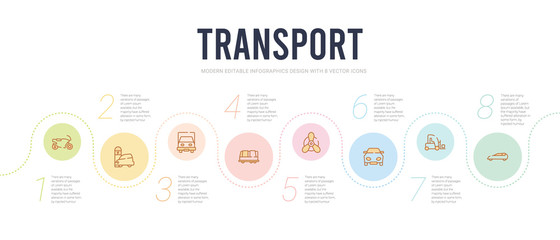 transport concept infographic design template. included black car, forklift truck, front car, boat propeller, bus vehicle, truck front view icons