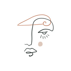 Boho Line Drawing Woman Face Fashion Beauty Minimalist Vector Illustration