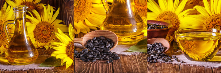 Set rural still-lifes, banner - sunflower oil with flowers of sunflower (Helianthus annuus) against...
