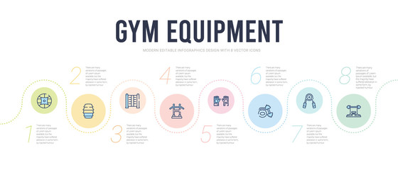 gym equipment concept infographic design template. included bench press, hand grip, kettlebells, gym gloves, pull up bar, trellis icons