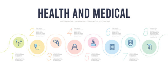 health and medical concept infographic design template. included medical result, medical shield, strip, substance, walker, ophthalmology icons