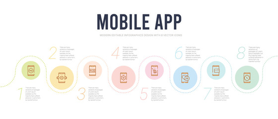 mobile app concept infographic design template. included stop watch, mobile shopping, medical app, purchase, applications, digital clock icons