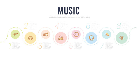 music concept infographic design template. included eyes, nautilus, pentagram, quaver note, cd writer, piano class icons