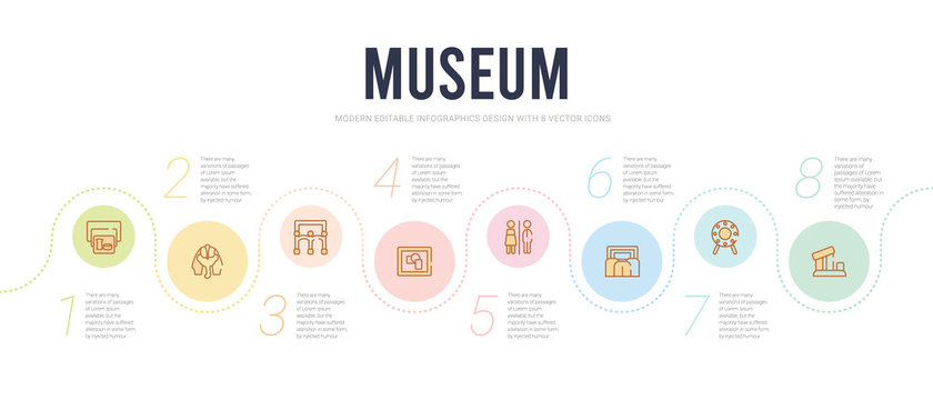 museum concept infographic design template. included relics, porcelain, cinema, restroom, modern art, exhibition icons