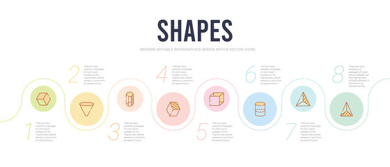 shapes concept infographic design template. included triangular pyramid from top view, triangular pyramid volumetrical shape, cylinder volumetrical, rectangular prism volume, rectangular prism,