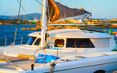 Harbor with Luxury ship at Mediterranean Sea in Old city of Olbia on Sardinia Island in Italy....