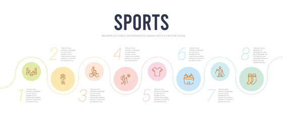 sports concept infographic design template. included long socks, skiing, estadio, short sleeves, adventure, man riding bike icons