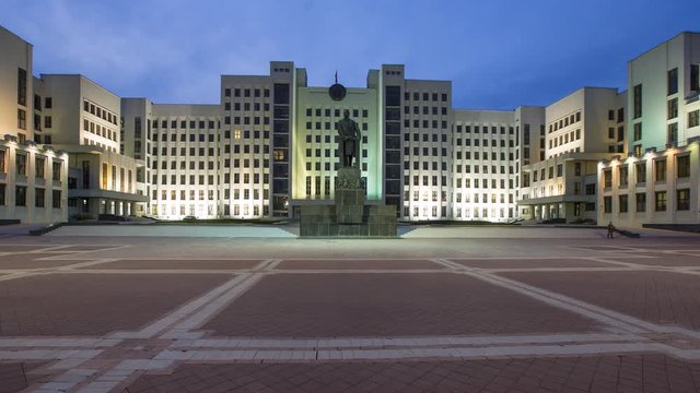 Government building and Lenin Statue, Independence Square, Minsk, Belarus - time lapse