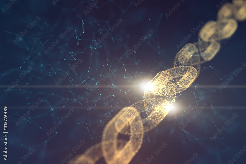 Poster conceptual shining blockchain chain with lines on cryptocurrency cyberspace network illustration bac