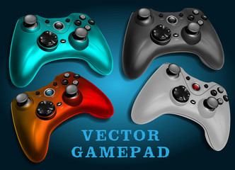 Realistic colorful wireless gamepad or joystick. Video game controller on blue background. Layered vector icon set. © GB_Art