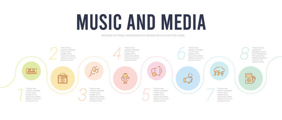Fototapeta na wymiar music and media concept infographic design template. included music player headphones, downloaded music cloud, hand mic, low volume speaker, microphone voice recording, charging plug icons