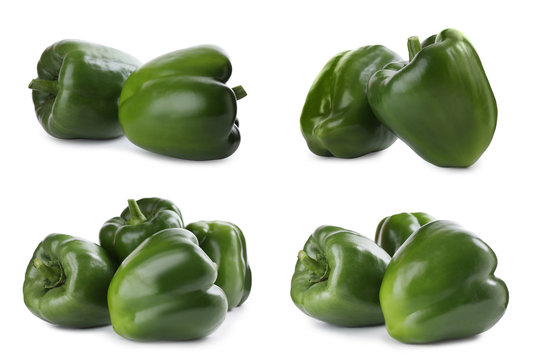 Set of ripe green bell peppers on white background