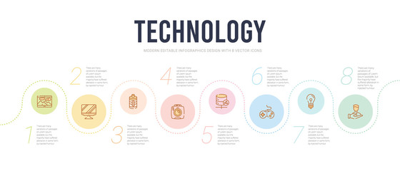 technology concept infographic design template. included client, light bulb turned off, antique gamepad, circular database, retro squa camera, battery charge almost full icons