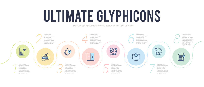 ultimate glyphicons concept infographic design template. included exclamation file, rain cloud, high dynamic range imaging, timer off, darker or brightter button, drop crossed icons