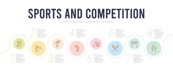 sports and competition concept infographic design template. included dohyo, starting line, ski poles, skibob, amonestation, champion icons